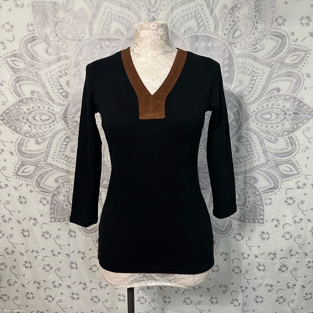 New $124 Lauren Ralph Lauren Faux Suede Knit Shirt Top 3/4 Sleeve Brown Black XS